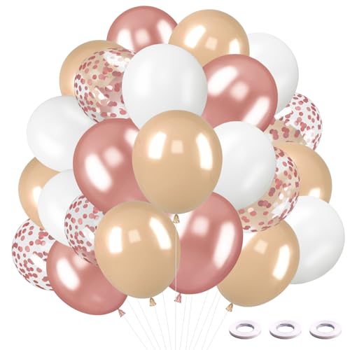 70 Stück Luftballons Rosa Set, Rose Gold Metallic Ballons, Creme und Weiß Latex Ballons Rosegold Konfetti Luftballons mit 3 Rollen Band, für Geburtstag, Hochzeit, Babyparty Deko (Roségold) von Vuemhjaey