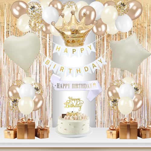 Geburtstagsdeko Beige Gold, Weiß Gold Geburtstag Party Deko Set, mit Happy Birthday Banner Schärpe und Geburtstagskrone Luftballons Lametta Vorhang für Frauen Mann Boho Geburtstag Party Deko Geburtstagsdeko Beige Gold, Weiß Gold Geburtstag Party Deko Set, mit Happy Birthday Banner Schärpe und Geburtstagskrone Luftballons Lametta Vorhang für Frauen Mann Boho Geburtstag Party Deko von Vuemhjaey