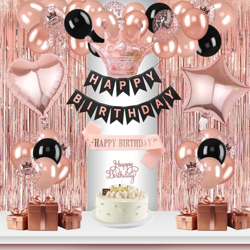 Geburtstagsdeko Rose Gold, Rosegold Party Deko Set mit Happy Birthday Banner, Schärpe und Geburtstagskrone, Herz Stern Folie, Konfetti Luftballons, Lametta Vorhang für alle Altersgruppen (Roségold) von Vuemhjaey