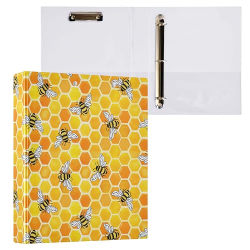 Vuiyean Bienenstock, Wabenmuster, 3,8 cm, 3 Ringe mit Klemmbrett und 2 Taschen, große, robuste Ordner, dekorativer D-Ringbuch, flexibel, Hardcover, hält 200 Blatt von Vuiyean