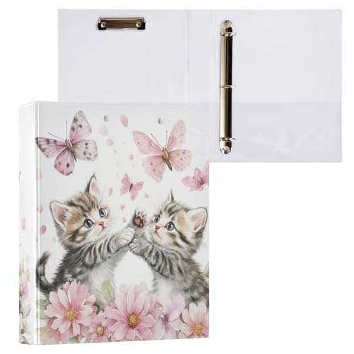 Vuiyean Ordner mit niedlichem verspieltem Kätzchen, Schmetterling, rosa Blumenmuster, 3,8 cm, 3 Ringe mit Klemmbrett und 2 Taschen, große, robuste Ordner, dekorativer D-Ringbuch, flexibel, Hardcover Vuiyean Ordner mit niedlichem verspieltem Kätzchen, Schmetterling, rosa Blumenmuster, 3,8 cm, 3 Ringe mit Klemmbrett und 2 Taschen, große, robuste Ordner, dekorativer D-Ringbuch, flexibel, Hardcover von Vuiyean