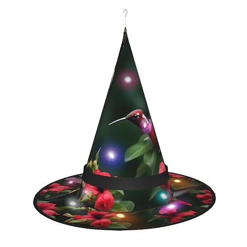 Vuoongt Kolibris rote Blumen Hibiskus Druck Halloween Hut vielseitiges leichtes Kostüm Zubehör Faltbares spitzes Hutlicht von Vuoongt