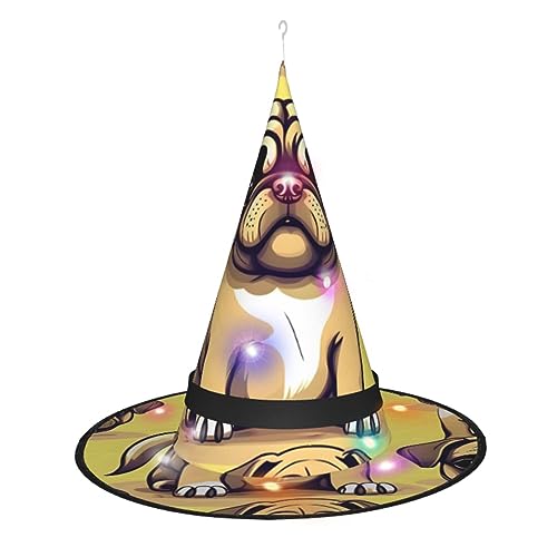 Vuoongt Lustiger Cartoon-Mops-Welpen-Hunde-Druck, Halloween-Hut, vielseitig, leicht, Kostümzubehör, faltbar, spitz, Hutwithlight von Vuoongt
