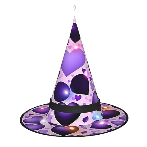 Vuoongt Modischer violetter Halloween-Hut mit Herzmuster, vielseitig, leicht, Kostümzubehör, faltbar, spitz, Hutlicht von Vuoongt