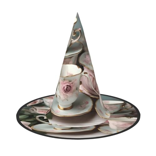 Vuoongt Teetassen mit Rosen, romantischer Druck, Halloween-Hut, vielseitig, leicht, Kostümzubehör, faltbar, spitzer Hut von Vuoongt