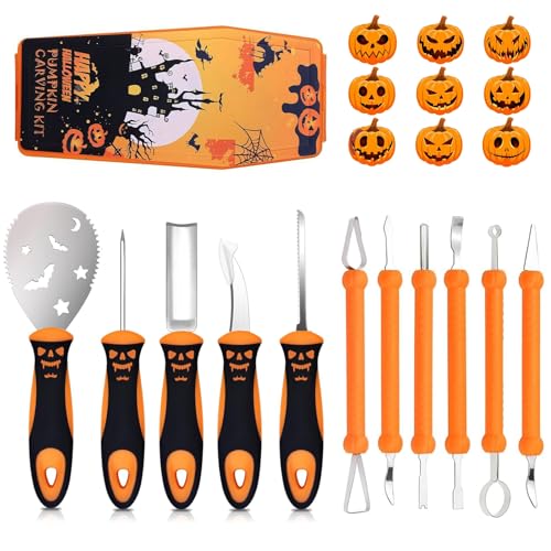Kürbis Schnitzset,11 Stück Kürbis Schnitz Set für Halloween,Schnitzmesser für Kinder und Erwachsene,Werkzeuge zum Aushöhlen von Kürbissen,Edelstahl Kürbis Schnitzwerkzeug,Sargförmige Aufbewahrungsbox von Vurlexat