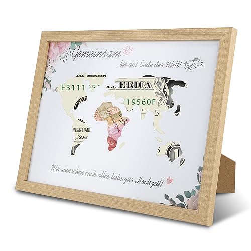 Vusddy Weltkarte Geld Hochzeitsgeschenk im Holz-Bilderrahmen - Personalisierte Kreative Geldgeschenk Verpackung A4 für Hochzeit, Polterabend, Brautpaar, Geburtstag, Erntedank, Weihnachten Vusddy Weltkarte Geld Hochzeitsgeschenk im Holz-Bilderrahmen - Personalisierte Kreative Geldgeschenk Verpackung A4 für Hochzeit, Polterabend, Brautpaar, Geburtstag, Erntedank, Weihnachten von Vusddy