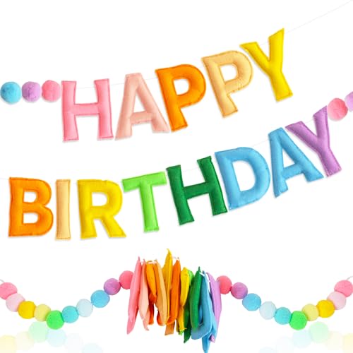 Vuzvuv Vorbespannte Filz-Girlande "Happy Birthday" mit Pompon-Kugeln, handgefertigte "Happy Birthday"-Banner-Dekorationen für Geburtstagsparty-Dekoration (cremefarben) von Vuzvuv