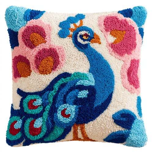 VwrxnchCoatx Knüpfset Für Erwachsene,Pfau 43X43Cm Knüpfkissen Zum Selber Knüpfen,Häkelgarn,Farbiger,Vorgedruckter Leinenteppich,Handarbeit,Diy-Kissenbezug,Knüpfset,Heimwerken,Sofadekoration von VwrxnchCoatx