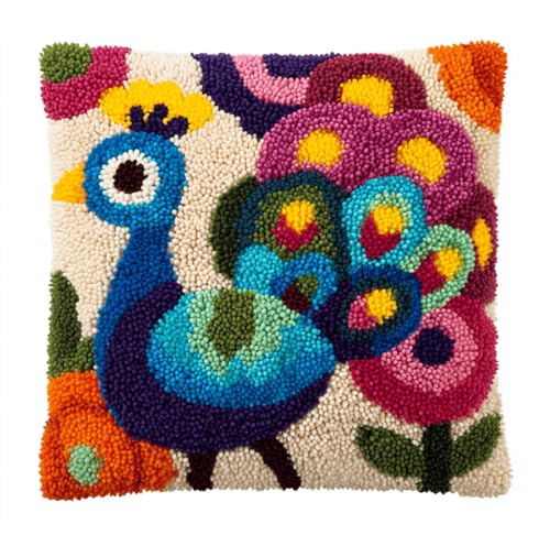 VwrxnchCoatx Knüpfset Für Erwachsene,Pfau 43X43Cm Knüpfkissen Zum Selber Knüpfen,Häkelgarn,Farbiger,Vorgedruckter Leinenteppich,Handarbeit,Diy-Kissenbezug,Knüpfset,Heimwerken,Sofadekoration von VwrxnchCoatx