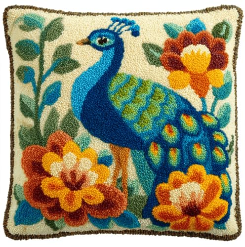 VwrxnchCoatx Knüpfset Für Erwachsene,Pfau 43X43Cm Knüpfkissen Zum Selber Knüpfen,Häkelgarn,Farbiger,Vorgedruckter Leinenteppich,Handarbeit,Diy-Kissenbezug,Knüpfset,Heimwerken,Sofadekoration von VwrxnchCoatx