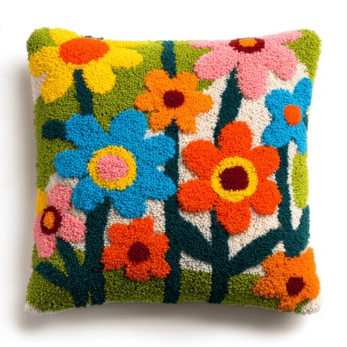 VwrxnchCoatx Knüpfteppich Zum Selber Knüpf-Sets Mit Kissen Knüpfen-Set 43X43Cm Kissenbezug-Set Für Erwachsene Und Kinder Latch Hook Kit Heimaccessoire（Blumen） von VwrxnchCoatx