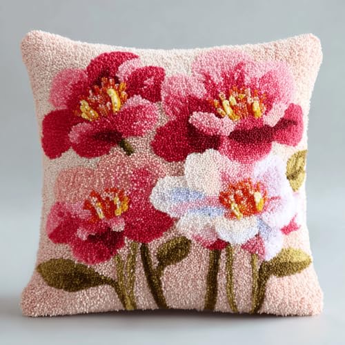 VwrxnchCoatx Knüpfteppich Zum Selber Knüpf-Sets Mit Kissen Knüpfen-Set 43X43Cm Kissenbezug-Set Für Erwachsene Und Kinder Latch Hook Kit Heimaccessoire（Blumen） von VwrxnchCoatx