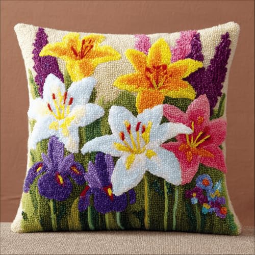 VwrxnchCoatx Knüpfteppich Zum Selber Knüpf-Sets Mit Kissen Knüpfen-Set 43X43Cm Kissenbezug-Set Für Erwachsene Und Kinder Latch Hook Kit Heimaccessoire（Blumen） von VwrxnchCoatx