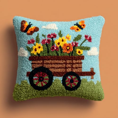 VwrxnchCoatx Knüpfteppich Zum Selber Knüpf-Sets Mit Kissen Knüpfen-Set 43X43Cm Kissenbezug-Set Für Erwachsene Und Kinder Latch Hook Kit Heimaccessoire（Blumen Und Schmetterling） von VwrxnchCoatx