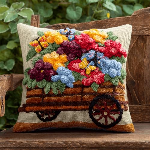 VwrxnchCoatx Knüpfteppich Zum Selber Knüpf-Sets Mit Kissen Knüpfen-Set 43X43Cm Kissenbezug-Set Für Erwachsene Und Kinder Latch Hook Kit Heimaccessoire（Blumen Und Schmetterling） von VwrxnchCoatx