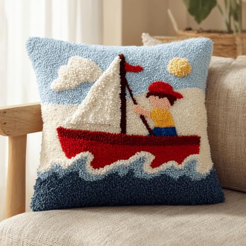 VwrxnchCoatx Knüpfteppich Zum Selber Knüpf-Sets Mit Kissen Knüpfen-Set 43X43Cm Kissenbezug-Set Für Erwachsene Und Kinder Latch Hook Kit Heimaccessoire（Boot Ozean） von VwrxnchCoatx