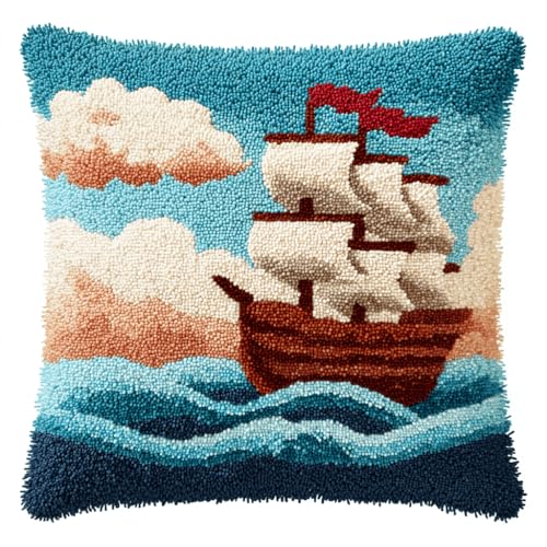 VwrxnchCoatx Knüpfteppich Zum Selber Knüpf-Sets Mit Kissen Knüpfen-Set 43X43Cm Kissenbezug-Set Für Erwachsene Und Kinder Latch Hook Kit Heimaccessoire（Boot Ozean） von VwrxnchCoatx