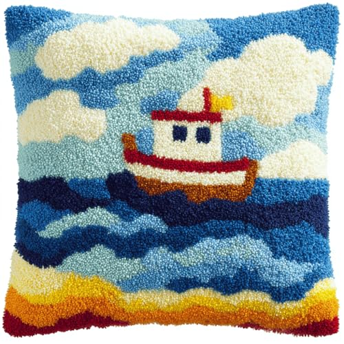 VwrxnchCoatx Knüpfteppich Zum Selber Knüpf-Sets Mit Kissen Knüpfen-Set 43X43Cm Kissenbezug-Set Für Erwachsene Und Kinder Latch Hook Kit Heimaccessoire（Boot Ozean） von VwrxnchCoatx