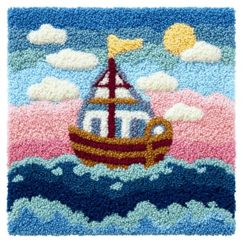 VwrxnchCoatx Knüpfteppich Zum Selber Knüpf-Sets Mit Kissen Knüpfen-Set 43X43Cm Kissenbezug-Set Für Erwachsene Und Kinder Latch Hook Kit Heimaccessoire（Boot Ozean） von VwrxnchCoatx