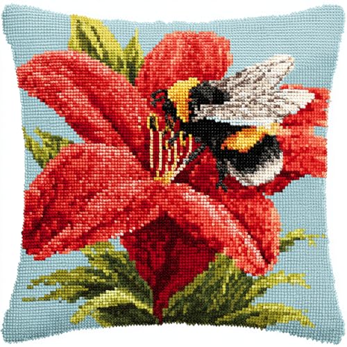 VwrxnchCoatx Knüpfteppich Zum Selber Knüpf-Sets Mit Kissen Knüpfen-Set 43X43Cm Kissenbezug-Set Für Erwachsene Und Kinder Latch Hook Kit Heimaccessoire（Eine Biene Auf Einer Roten Lilie） von VwrxnchCoatx