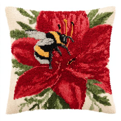 VwrxnchCoatx Knüpfteppich Zum Selber Knüpf-Sets Mit Kissen Knüpfen-Set 43X43Cm Kissenbezug-Set Für Erwachsene Und Kinder Latch Hook Kit Heimaccessoire（Eine Biene Auf Einer Roten Lilie） von VwrxnchCoatx