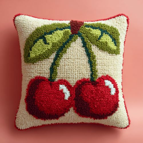 VwrxnchCoatx Knüpfteppich Zum Selber Knüpf-Sets Mit Kissen Knüpfen-Set 43X43Cm Kissenbezug-Set Für Erwachsene Und Kinder Latch Hook Kit Heimaccessoire（Fruchtkirsche） von VwrxnchCoatx