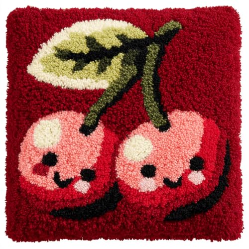 VwrxnchCoatx Knüpfteppich Zum Selber Knüpf-Sets Mit Kissen Knüpfen-Set 43X43Cm Kissenbezug-Set Für Erwachsene Und Kinder Latch Hook Kit Heimaccessoire（Fruchtkirsche） von VwrxnchCoatx
