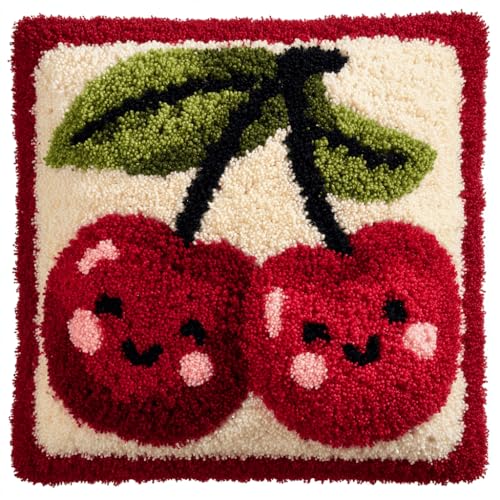 VwrxnchCoatx Knüpfteppich Zum Selber Knüpf-Sets Mit Kissen Knüpfen-Set 43X43Cm Kissenbezug-Set Für Erwachsene Und Kinder Latch Hook Kit Heimaccessoire（Fruchtkirsche） von VwrxnchCoatx