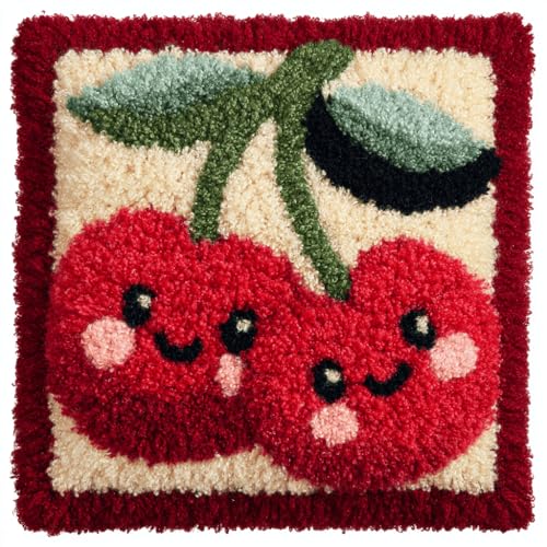 VwrxnchCoatx Knüpfteppich Zum Selber Knüpf-Sets Mit Kissen Knüpfen-Set 43X43Cm Kissenbezug-Set Für Erwachsene Und Kinder Latch Hook Kit Heimaccessoire（Fruchtkirsche） von VwrxnchCoatx