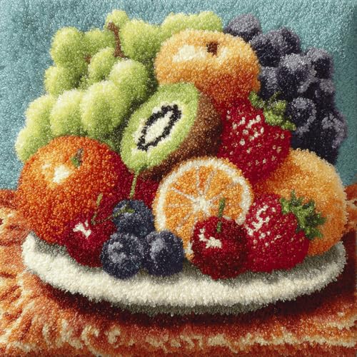 VwrxnchCoatx Knüpfteppich Zum Selber Knüpf-Sets Mit Kissen Knüpfen-Set 43X43Cm Kissenbezug-Set Für Erwachsene Und Kinder Latch Hook Kit Heimaccessoire（Früchte Auf Einem Teller） von VwrxnchCoatx