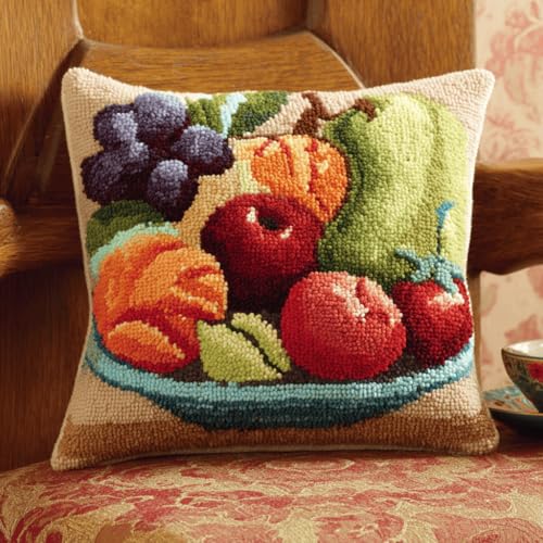 VwrxnchCoatx Knüpfteppich Zum Selber Knüpf-Sets Mit Kissen Knüpfen-Set 43X43Cm Kissenbezug-Set Für Erwachsene Und Kinder Latch Hook Kit Heimaccessoire（Früchte Auf Einem Teller） von VwrxnchCoatx