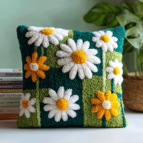 VwrxnchCoatx Knüpfteppich Zum Selber Knüpf-Sets Mit Kissen Knüpfen-Set 43X43Cm Kissenbezug-Set Für Erwachsene Und Kinder Latch Hook Kit Heimaccessoire（Gänseblümchen） von VwrxnchCoatx