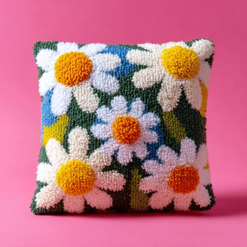 VwrxnchCoatx Knüpfteppich Zum Selber Knüpf-Sets Mit Kissen Knüpfen-Set 43X43Cm Kissenbezug-Set Für Erwachsene Und Kinder Latch Hook Kit Heimaccessoire（Gänseblümchen） von VwrxnchCoatx