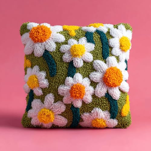 VwrxnchCoatx Knüpfteppich Zum Selber Knüpf-Sets Mit Kissen Knüpfen-Set 43X43Cm Kissenbezug-Set Für Erwachsene Und Kinder Latch Hook Kit Heimaccessoire（Gänseblümchen） von VwrxnchCoatx