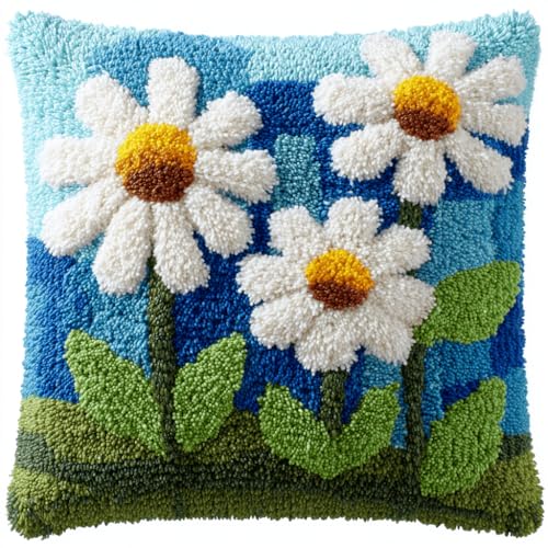 VwrxnchCoatx Knüpfteppich Zum Selber Knüpf-Sets Mit Kissen Knüpfen-Set 43X43Cm Kissenbezug-Set Für Erwachsene Und Kinder Latch Hook Kit Heimaccessoire（Gänseblümchen） von VwrxnchCoatx
