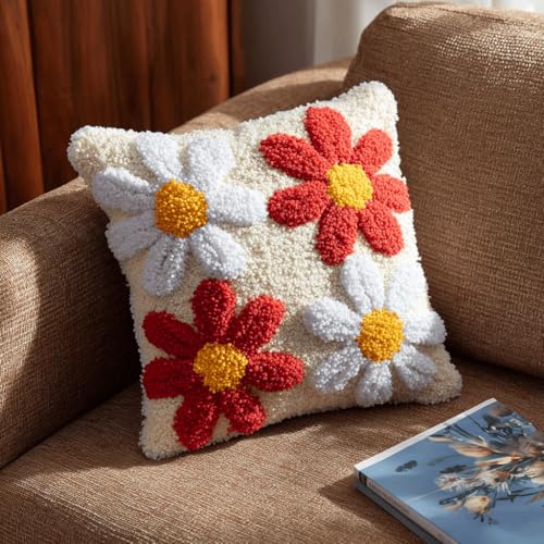 VwrxnchCoatx Knüpfteppich Zum Selber Knüpf-Sets Mit Kissen Knüpfen-Set 43X43Cm Kissenbezug-Set Für Erwachsene Und Kinder Latch Hook Kit Heimaccessoire（Gänseblümchen） von VwrxnchCoatx
