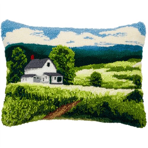 VwrxnchCoatx Knüpfteppich Zum Selber Knüpf-Sets Mit Kissen Knüpfen-Set 43X43Cm Kissenbezug-Set Für Erwachsene Und Kinder Latch Hook Kit Heimaccessoire（Grüne Ländliche Wiese） von VwrxnchCoatx