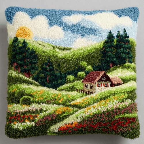 VwrxnchCoatx Knüpfteppich Zum Selber Knüpf-Sets Mit Kissen Knüpfen-Set 43X43Cm Kissenbezug-Set Für Erwachsene Und Kinder Latch Hook Kit Heimaccessoire（Grüne Ländliche Wiese） von VwrxnchCoatx