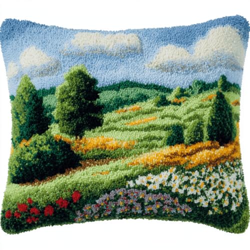 VwrxnchCoatx Knüpfteppich Zum Selber Knüpf-Sets Mit Kissen Knüpfen-Set 43X43Cm Kissenbezug-Set Für Erwachsene Und Kinder Latch Hook Kit Heimaccessoire（Grüne Ländliche Wiese） von VwrxnchCoatx