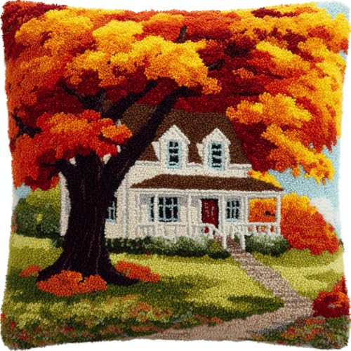 VwrxnchCoatx Knüpfteppich Zum Selber Knüpf-Sets Mit Kissen Knüpfen-Set 43X43Cm Kissenbezug-Set Für Erwachsene Und Kinder Latch Hook Kit Heimaccessoire（Haus Unter Dem Ahorn） von VwrxnchCoatx