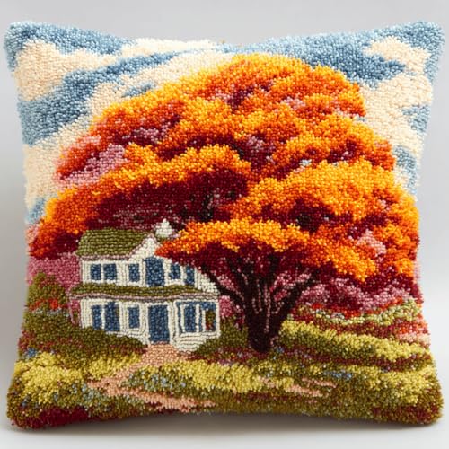 VwrxnchCoatx Knüpfteppich Zum Selber Knüpf-Sets Mit Kissen Knüpfen-Set 43X43Cm Kissenbezug-Set Für Erwachsene Und Kinder Latch Hook Kit Heimaccessoire（Haus Unter Dem Ahorn） von VwrxnchCoatx