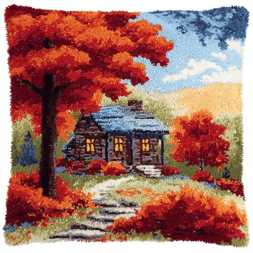 VwrxnchCoatx Knüpfteppich Zum Selber Knüpf-Sets Mit Kissen Knüpfen-Set 43X43Cm Kissenbezug-Set Für Erwachsene Und Kinder Latch Hook Kit Heimaccessoire（Haus Unter Dem Ahorn） von VwrxnchCoatx