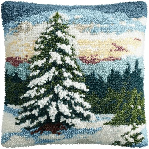 VwrxnchCoatx Knüpfteppich Zum Selber Knüpf-Sets Mit Kissen Knüpfen-Set 43X43Cm Kissenbezug-Set Für Erwachsene Und Kinder Latch Hook Kit Heimaccessoire（Kiefernschneeszene） von VwrxnchCoatx