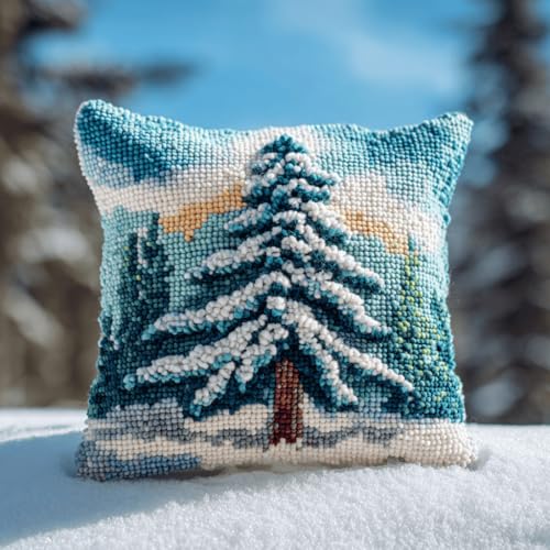 VwrxnchCoatx Knüpfteppich Zum Selber Knüpf-Sets Mit Kissen Knüpfen-Set 43X43Cm Kissenbezug-Set Für Erwachsene Und Kinder Latch Hook Kit Heimaccessoire（Kiefernschneeszene） von VwrxnchCoatx