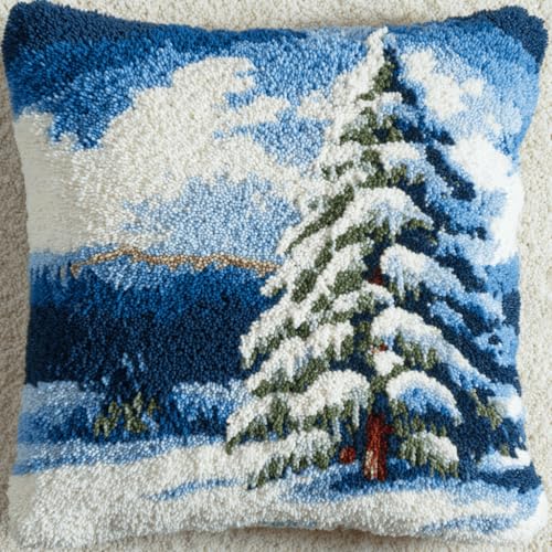 VwrxnchCoatx Knüpfteppich Zum Selber Knüpf-Sets Mit Kissen Knüpfen-Set 43X43Cm Kissenbezug-Set Für Erwachsene Und Kinder Latch Hook Kit Heimaccessoire（Kiefernschneeszene） von VwrxnchCoatx