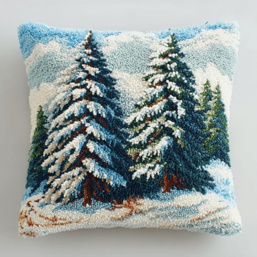 VwrxnchCoatx Knüpfteppich Zum Selber Knüpf-Sets Mit Kissen Knüpfen-Set 43X43Cm Kissenbezug-Set Für Erwachsene Und Kinder Latch Hook Kit Heimaccessoire（Kiefernschneeszene） von VwrxnchCoatx