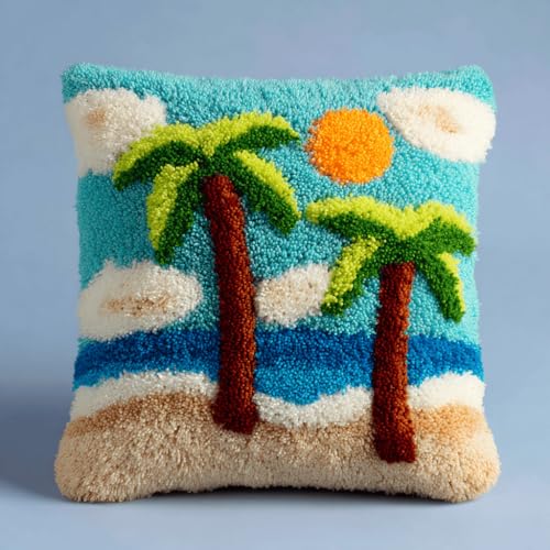 VwrxnchCoatx Knüpfteppich Zum Selber Knüpf-Sets Mit Kissen Knüpfen-Set 43X43Cm Kissenbezug-Set Für Erwachsene Und Kinder Latch Hook Kit Heimaccessoire（Kokosnussbäume Am Strand） von VwrxnchCoatx