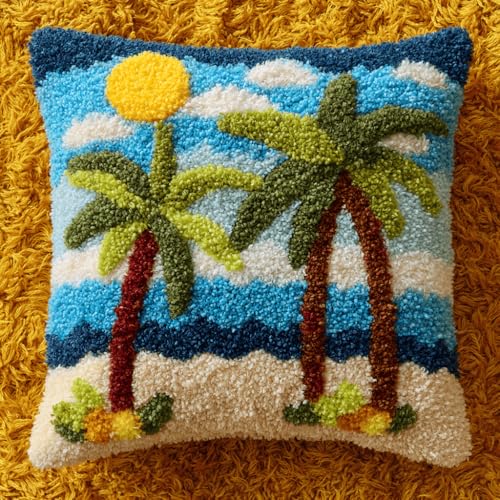 VwrxnchCoatx Knüpfteppich Zum Selber Knüpf-Sets Mit Kissen Knüpfen-Set 43X43Cm Kissenbezug-Set Für Erwachsene Und Kinder Latch Hook Kit Heimaccessoire（Kokosnussbäume Am Strand） von VwrxnchCoatx