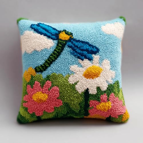 VwrxnchCoatx Knüpfteppich Zum Selber Knüpf-Sets Mit Kissen Knüpfen-Set 43X43Cm Kissenbezug-Set Für Erwachsene Und Kinder Latch Hook Kit Heimaccessoire（Libelle Und Blume） von VwrxnchCoatx